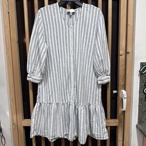 Nordstrom Midi Dress Womens Size M White Blue Striped Linen Blend Ruffle Hem